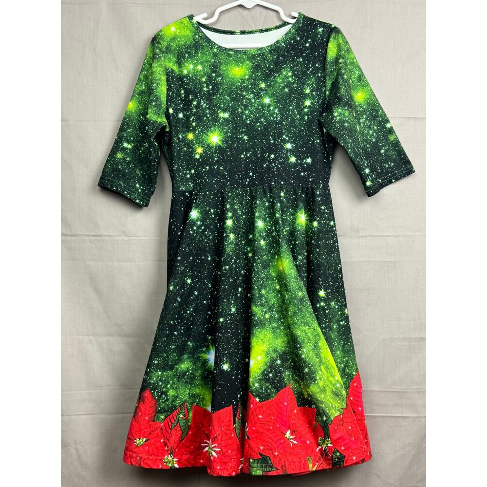 Girls Holiday Christmas Dress – Galaxy Star Print with Poinsettias, Size S - Picture 5 of 5